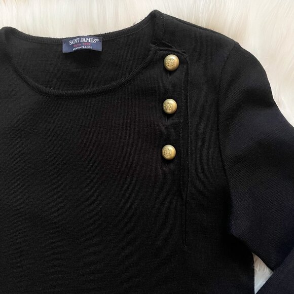 VTG Saint James Black Wool Knit Gold Button Shoulder Long Sleeve Mini Dress - Picture 2 of 10